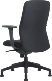Schuin achteraanzicht (links) van de ergonomische bureaustoel zonder wielen, met zicht op armleuning en rugvorm