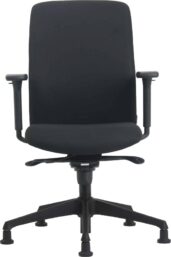 Ergonomische bureaustoel zonder wielen, recht vooraanzicht met armleuningen en gestoffeerde rugleuning