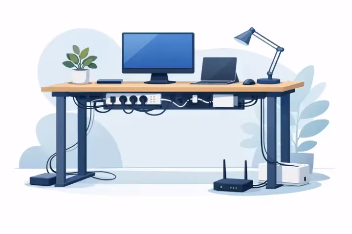 Kabelmanagement onder bureau goed geregeld
