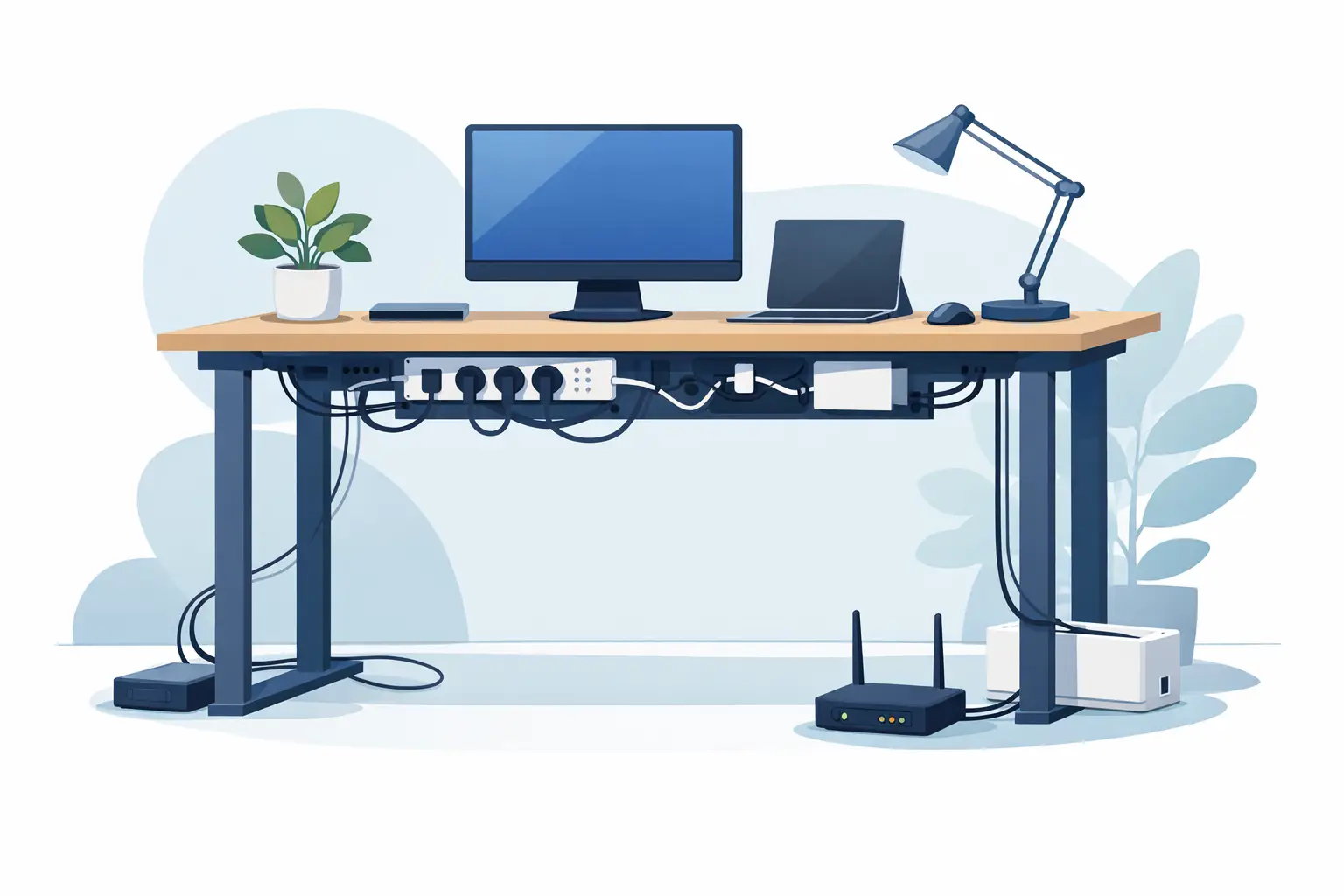 Kabelmanagement onder bureau goed geregeld